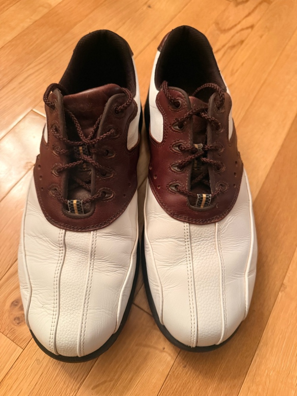 FootJoy Men's Two-Tone White and Brown Leather Casual Golf Shoes 58015, Size 8.5